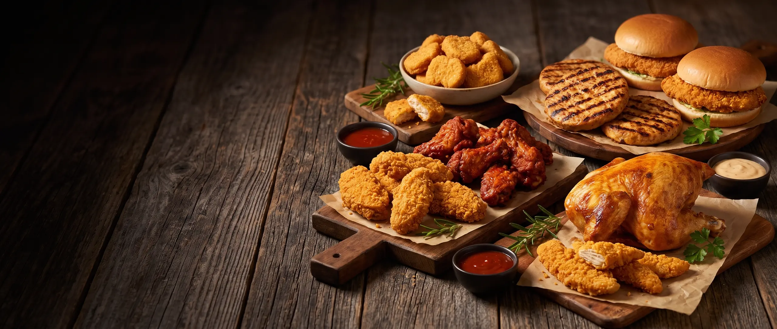 Kipnuggets, kiphaasjes, wings, kipburgers en een halve haan, klaargemaakt op houten planken