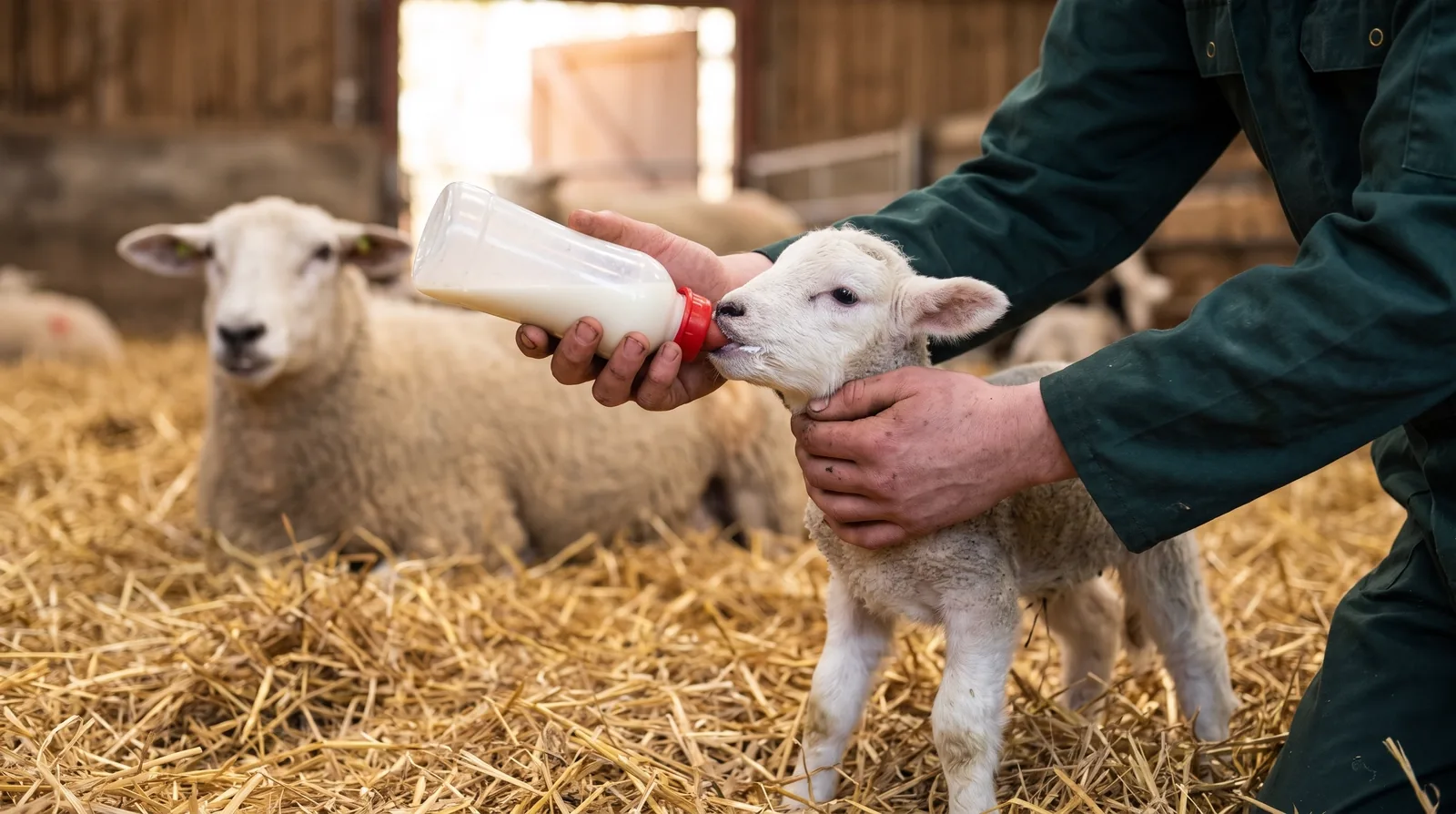 Een pasgeboren lam krijgt de fles in het stro, in de lammertijd