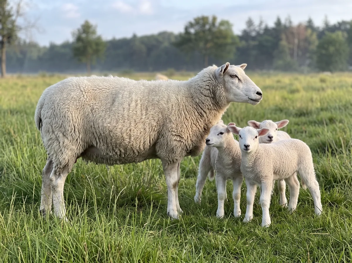Een witte Noordhollander-ooi met drie lammeren in het gras