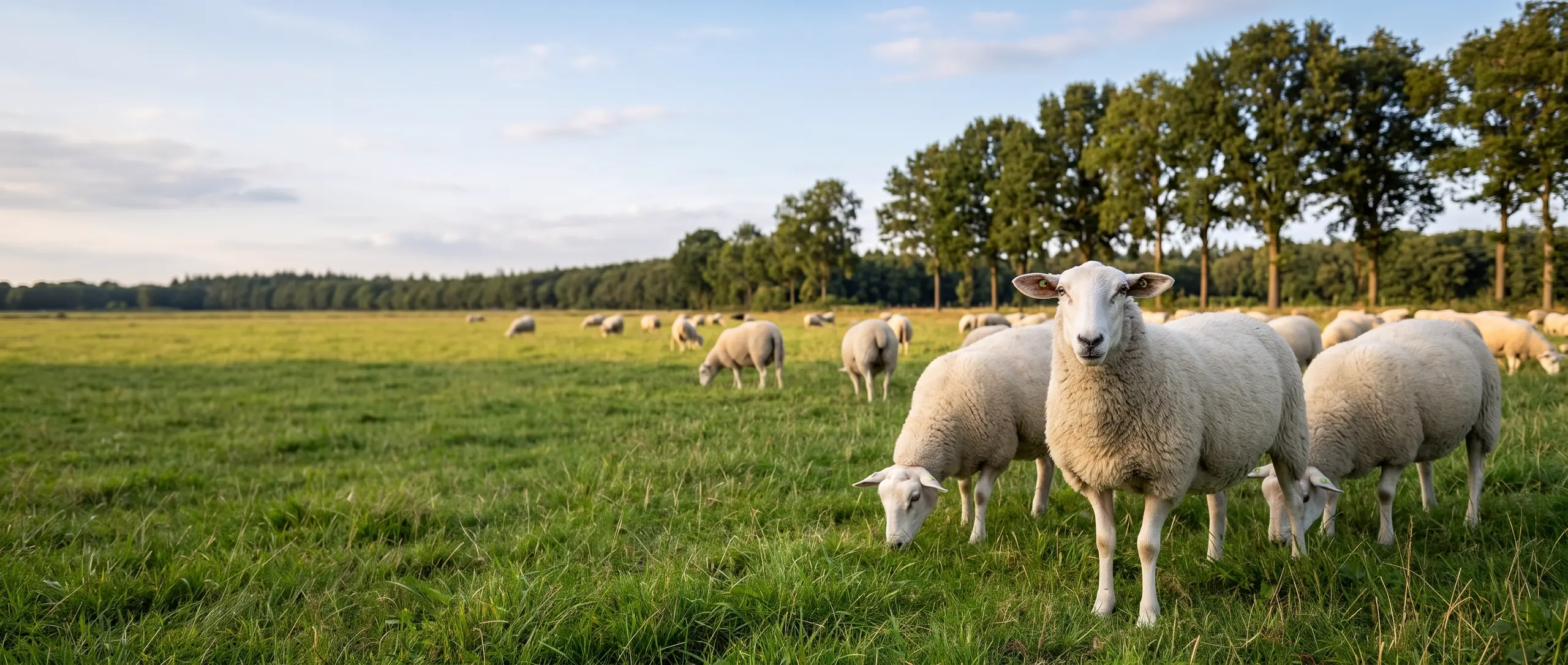 Witte schapen grazen in een groene wei in de avondzon; één schaap kijkt nieuwsgierig in de camera