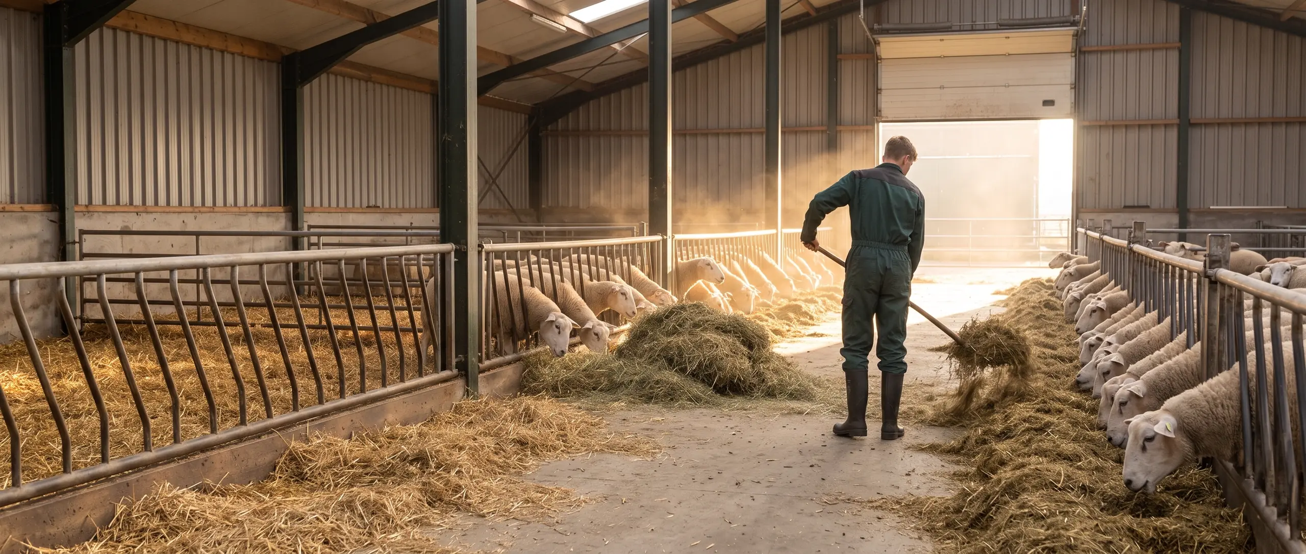 Een stagiair in groene overall voert 's ochtends hooi aan de schapen in de stal