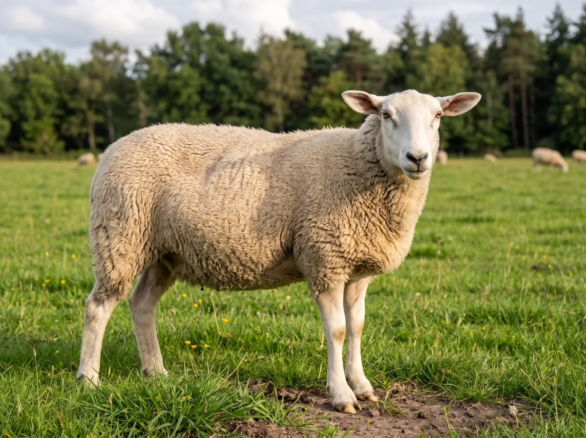 Een groot, wit Swifter-schaap met een smalle, lange kop in de wei